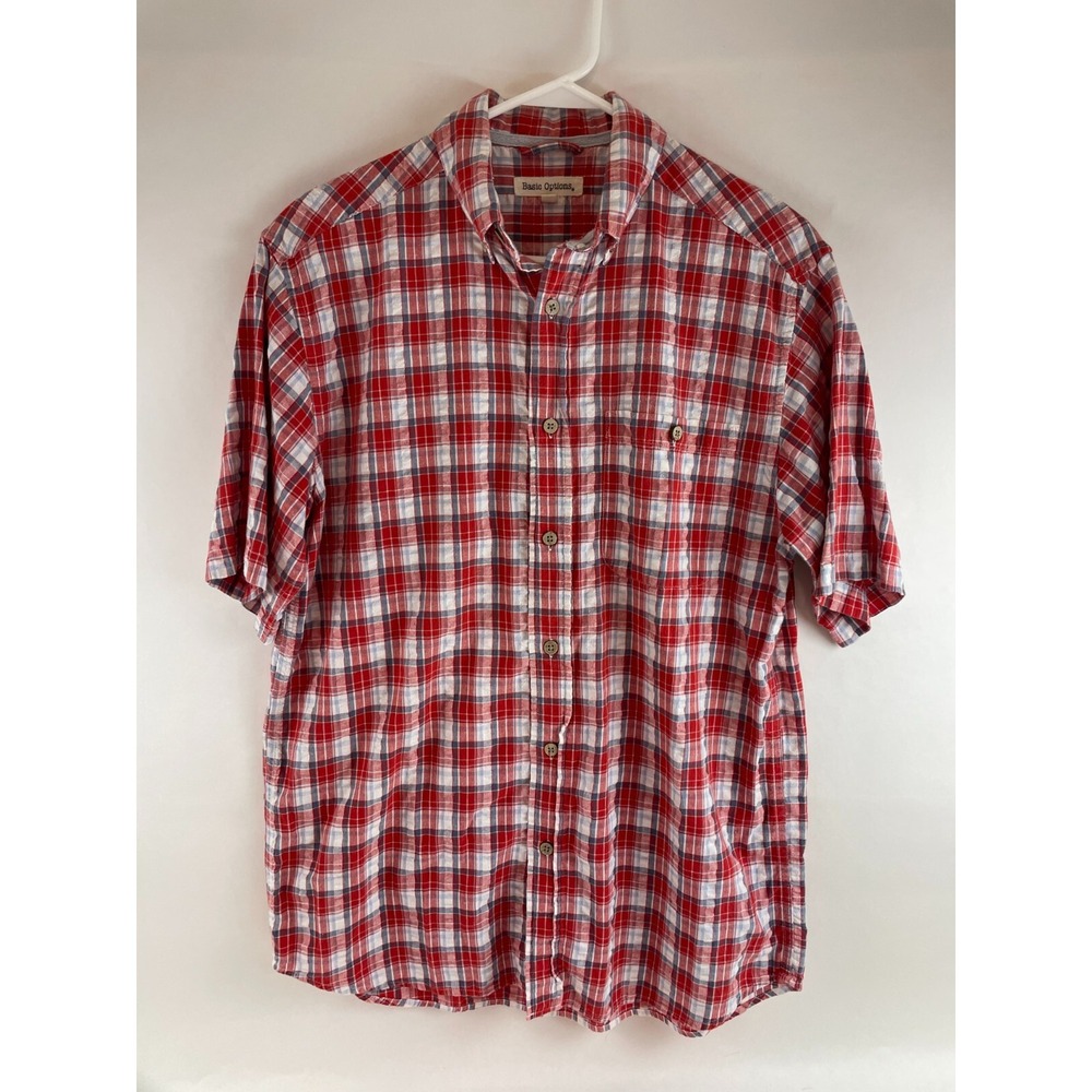 Basic Options Shirt Men's Size Medium Red White Blue Plaid Button Down Short Slv